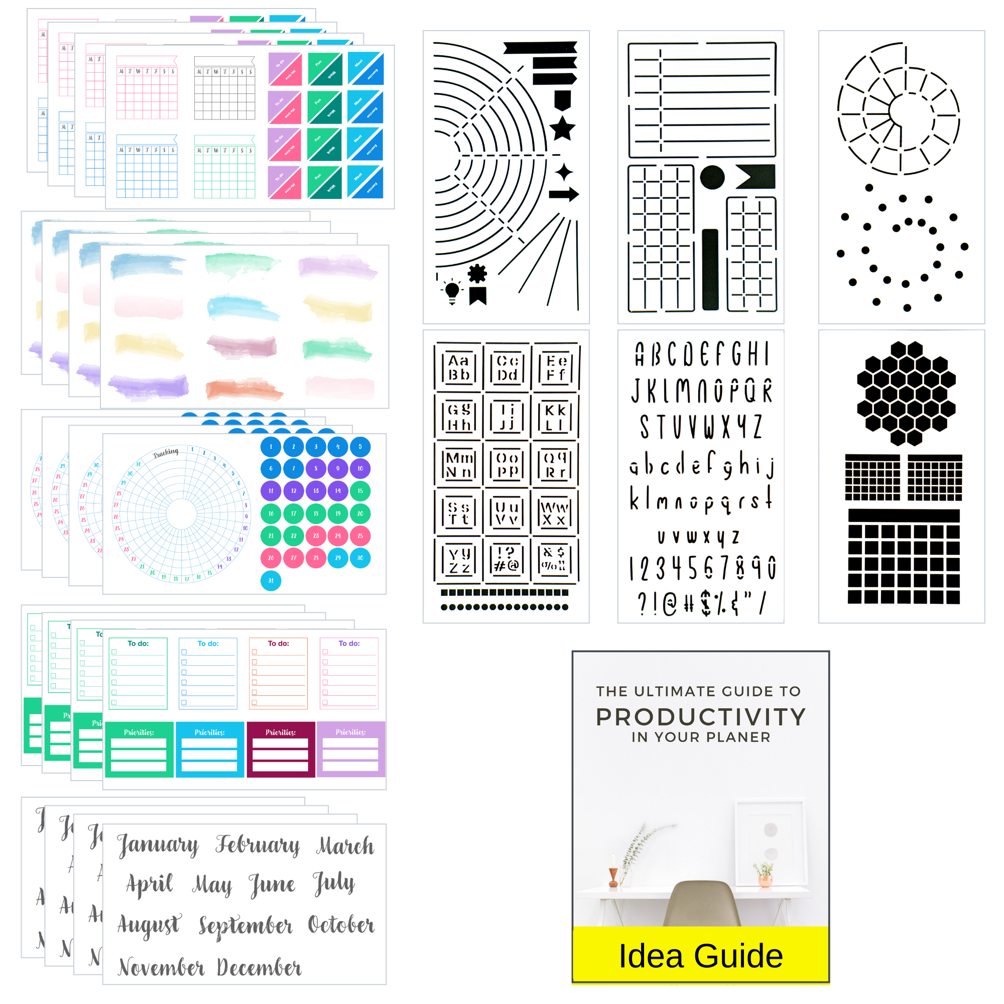 Ultimate Productivity Stickers & Stencils Set (x20 Sheets, x6 Stencils) -  Bullet Journal Supplies Make a Perfect Gift Set – Sunny Streak