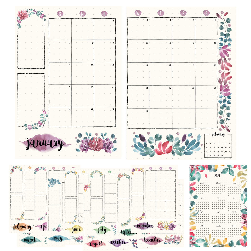 2024 Floral Monthly Calendar A5 Planner Stickers (25 Sheets)
