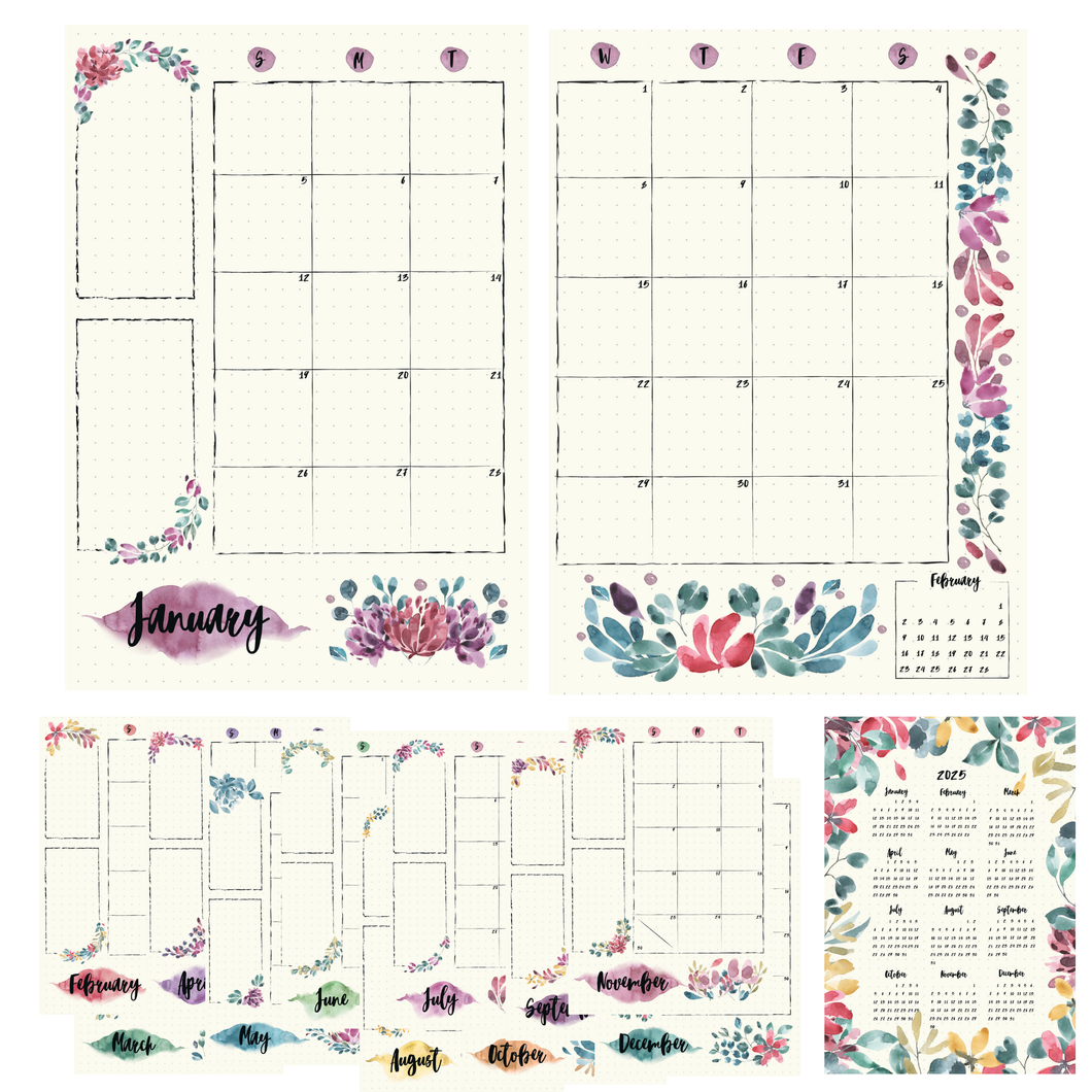 2025 Floral Monthly Calendar A5 Planner Stickers (25 Sheets)