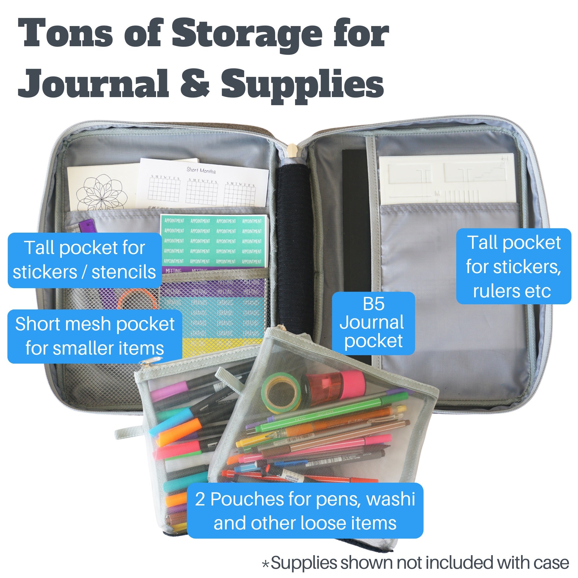 Journal Supplies Storage Case (Large Gray) Bullet Journal Supplies  Storage Organizing Travel Case – Sunny Streak