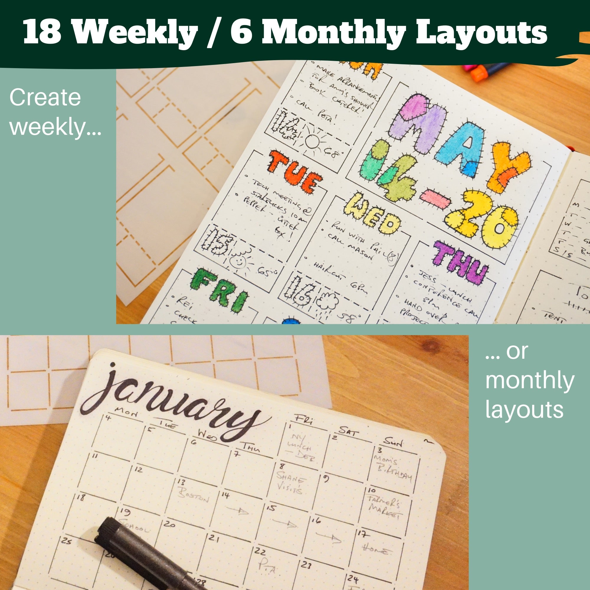  Speedy Spreads Journal Stencils (Weekly Layouts #3) - x6  Stencils for A5 Bullet Dot Grid Journal Notebook, Save Time on Full-Page  Layouts, DIY Planner Templates for Productivity by Sunny Streak 