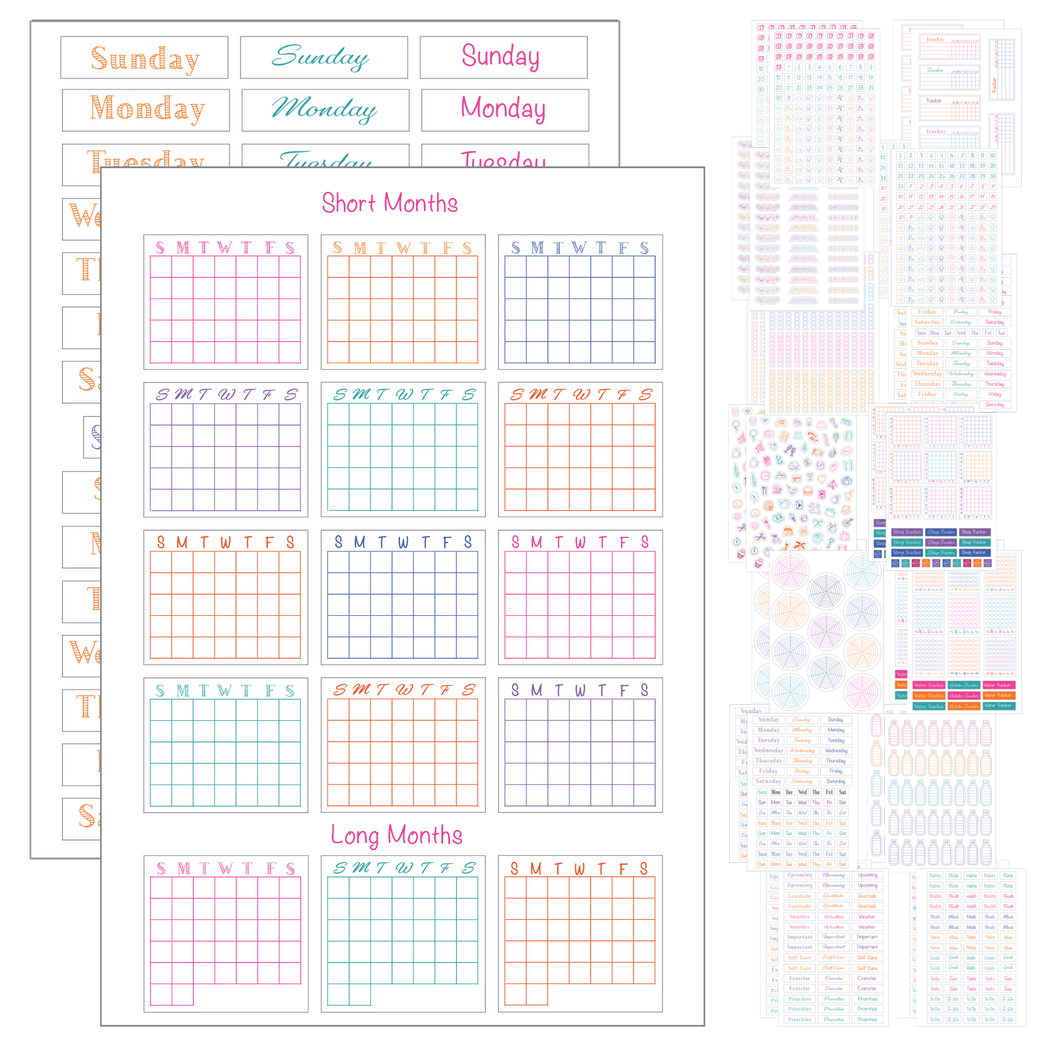 Sunny Streak Ultimate Productivity Stencils & Stickers - X20 Sheets of Planner Stickers, X6 Stencils - Calendars, to Do Lists, Habit Trackers, Goals 
