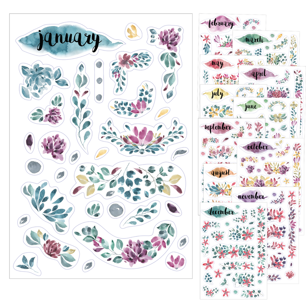 Transparent Monthly Planner Flower Stickers (12 Sheets)