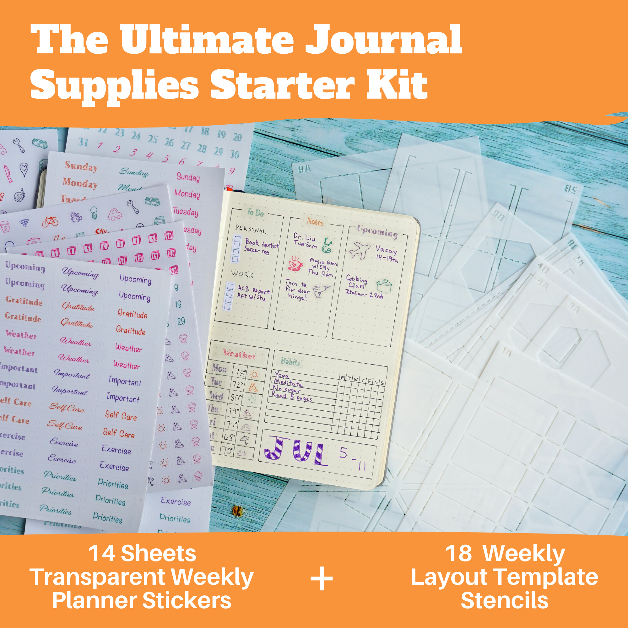 Weekly Planner Layout Journaling Supplies Kit (18 Stencils & 14 Sticker Sheets) - Minimalist