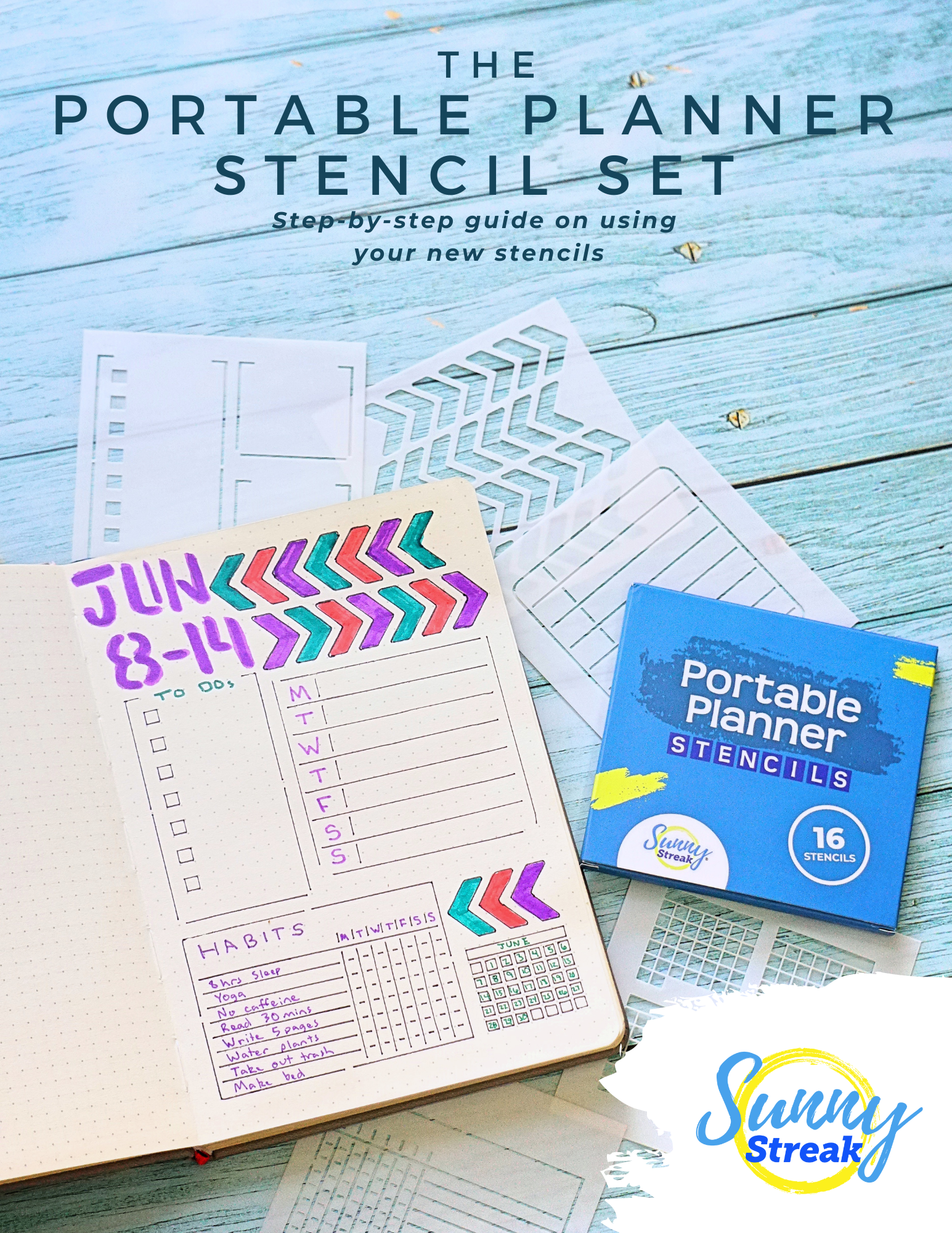 Portable Planner Stencils - x16 Small Square Journal Stencils with Templates for Habit Trackers, Calendars, Checklists, Meal Plans - Journaling